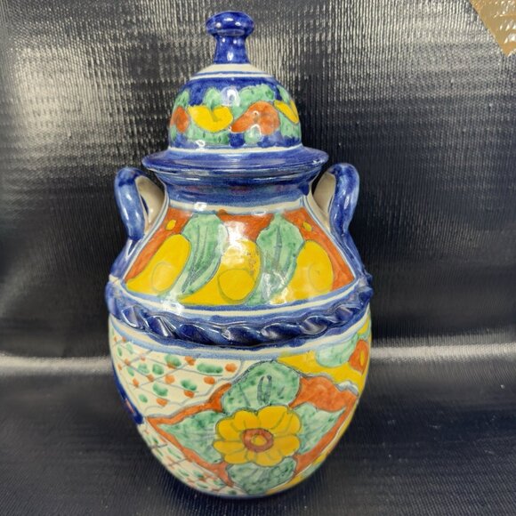 Hand Made Mexican Pottery Talavera Large Jug Container Cookie Jar W Lid Vintage - Picture 15 of 15